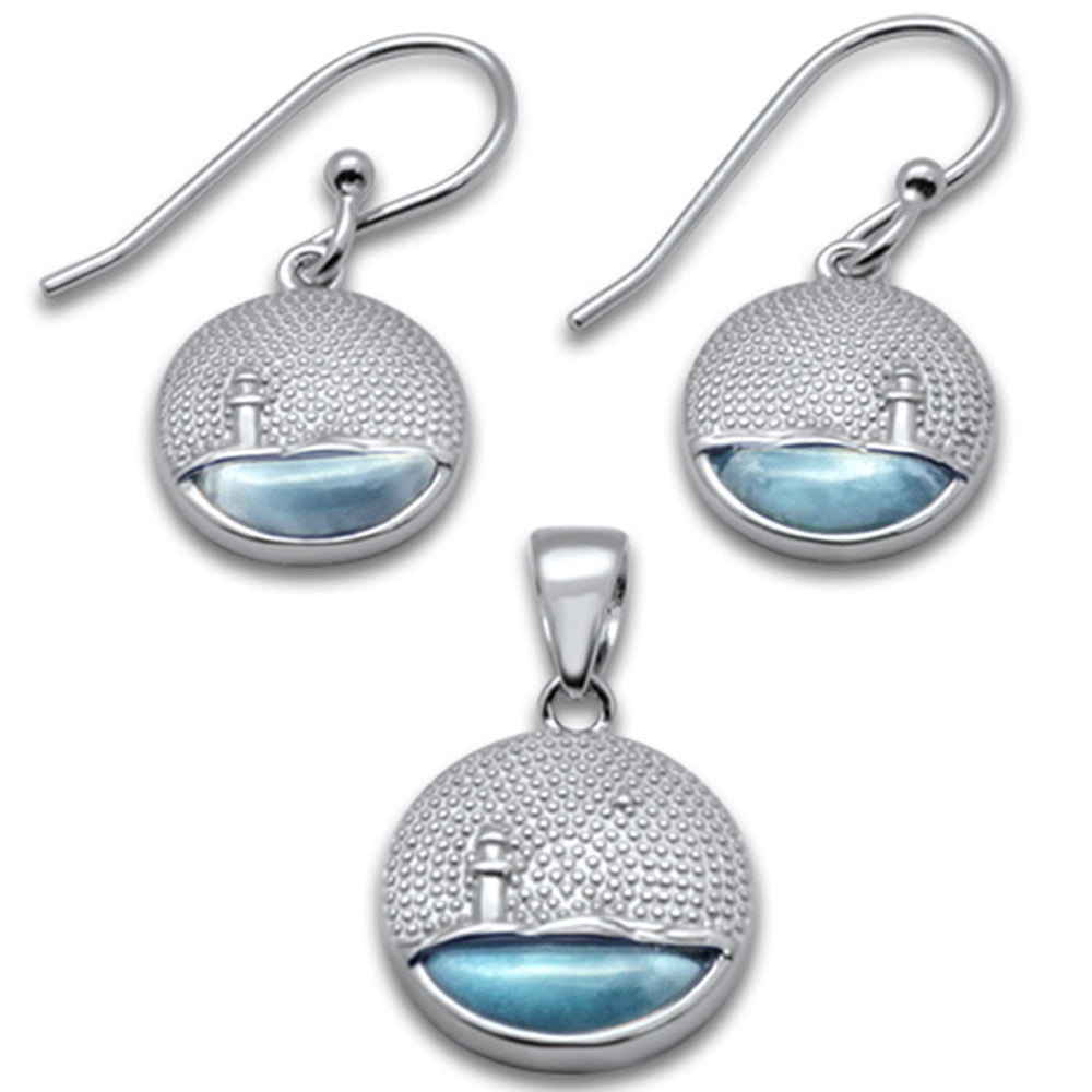 Natural Larimar Lighthouse Scenery .925 Sterling Silver Pendant & Earring Set ABC Rugs Kilims