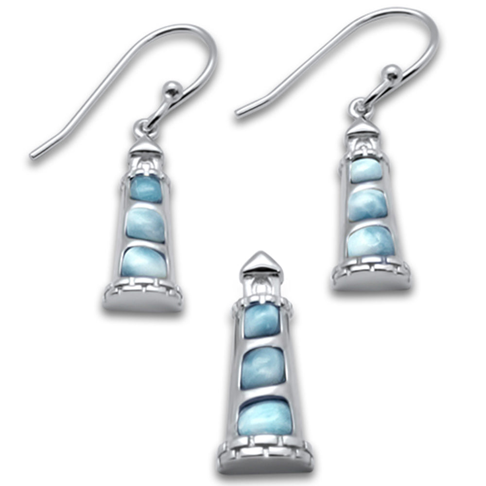 Natural Larimar Lighthouse .925 Sterling Silver Pendant & Earring Set ABC Rugs Kilims