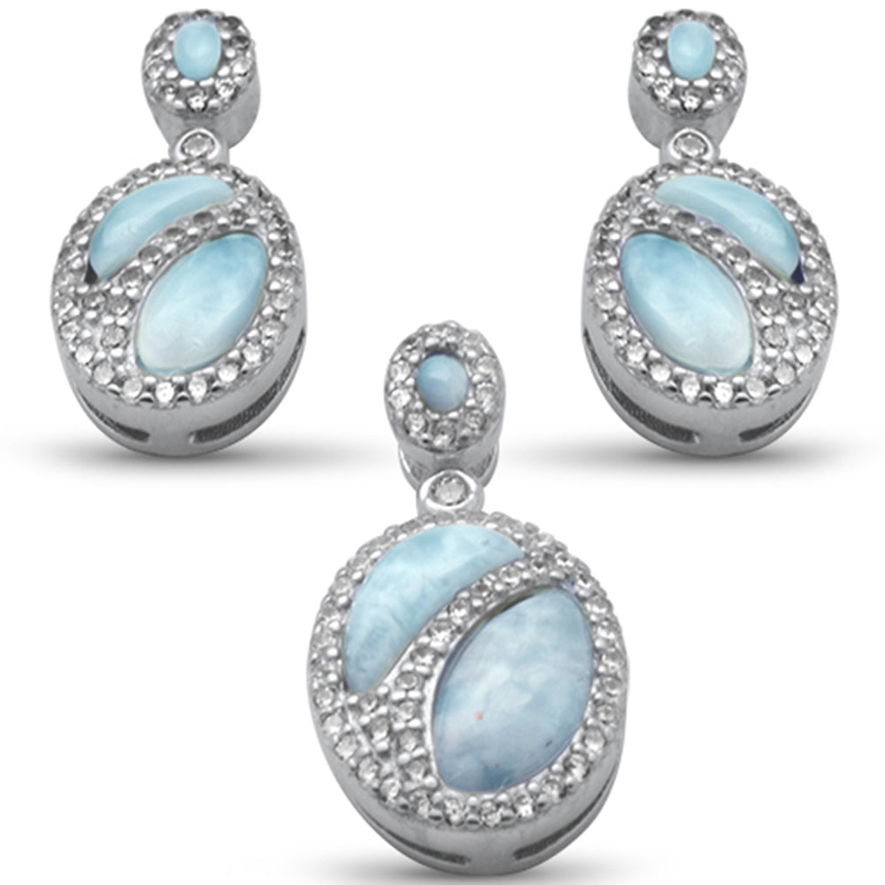 Natural Larimar & CZ .925 Sterling Silver Earring & Pendant Set ABC Rugs Kilims