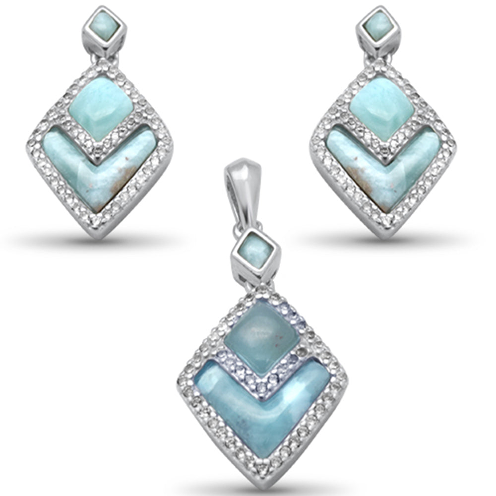 Natural Larimar & CZ .925 Sterling Silver Earring & Pendant Set ABC Rugs Kilims