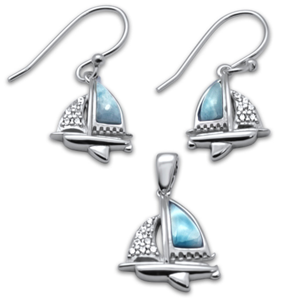 Natural Larimar & CZ Boat .925 Sterling Silver Pendant & Earring Set ABC Rugs Kilims