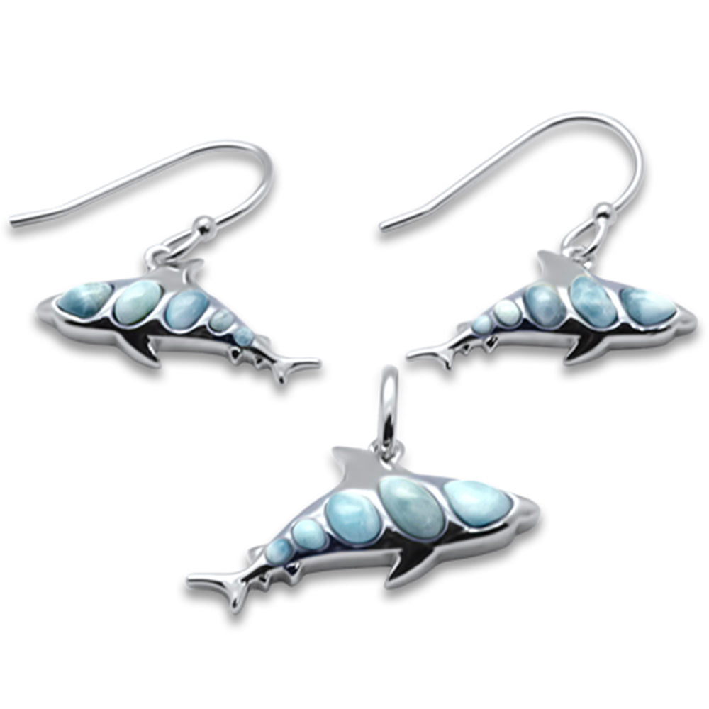 Natural Larimar Shark .925 Sterling Silver Pendant & Earring Set ABC Rugs Kilims