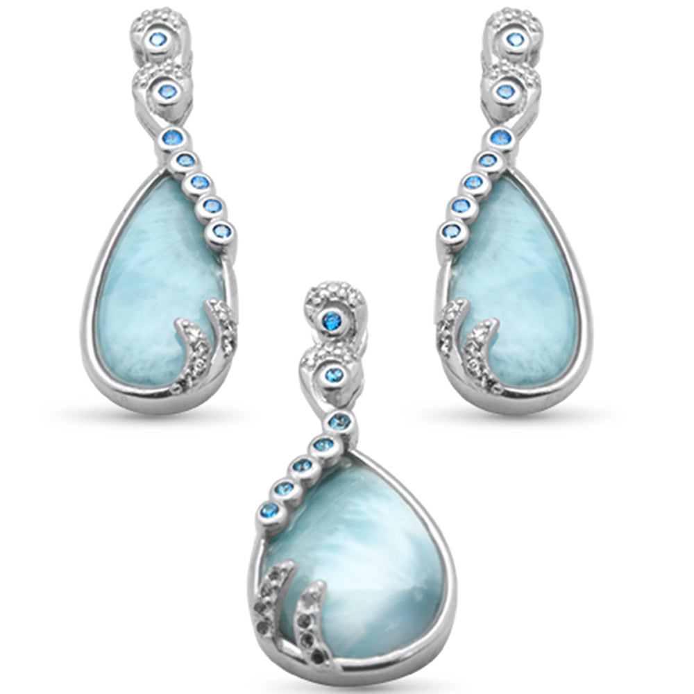 Pear Shaped Natural Larimar, Blue Topaz & CZ .925 Sterling Silver Earring & Pendant Set ABC Rugs Kilims