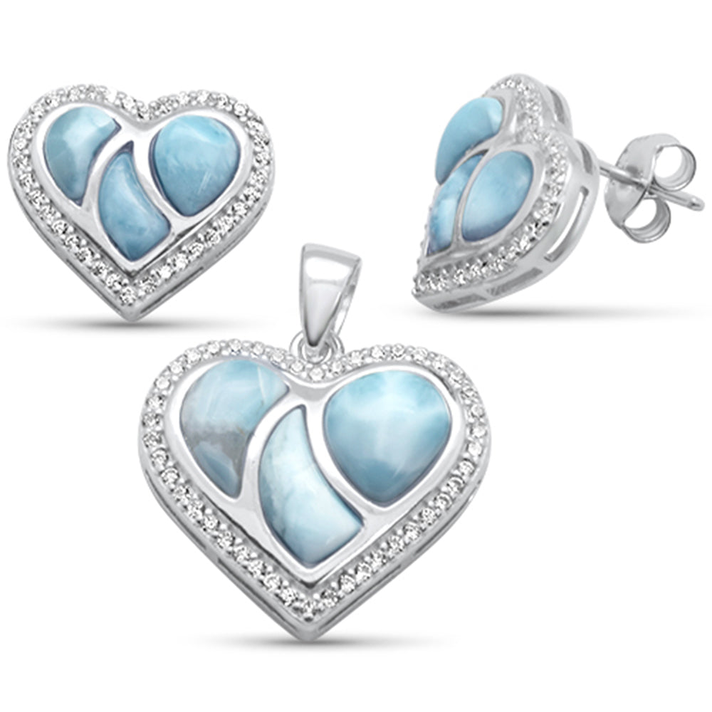 Natural Larimar & Cz Heart Earring & Pendant .925 Sterling Silver Set ABC Rugs Kilims