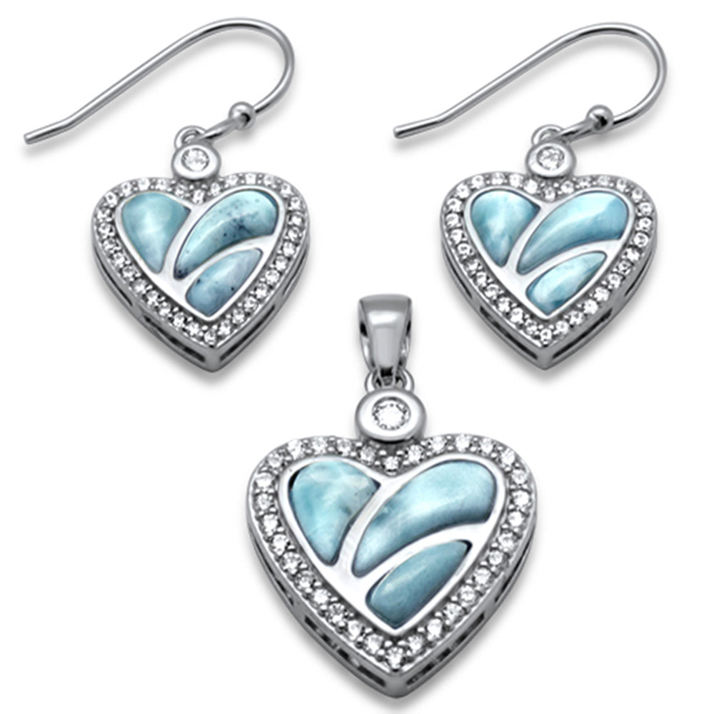 Natural Larimar & CZ Heart .925 Sterling Silver Pendant & Earring Set ABC Rugs Kilims