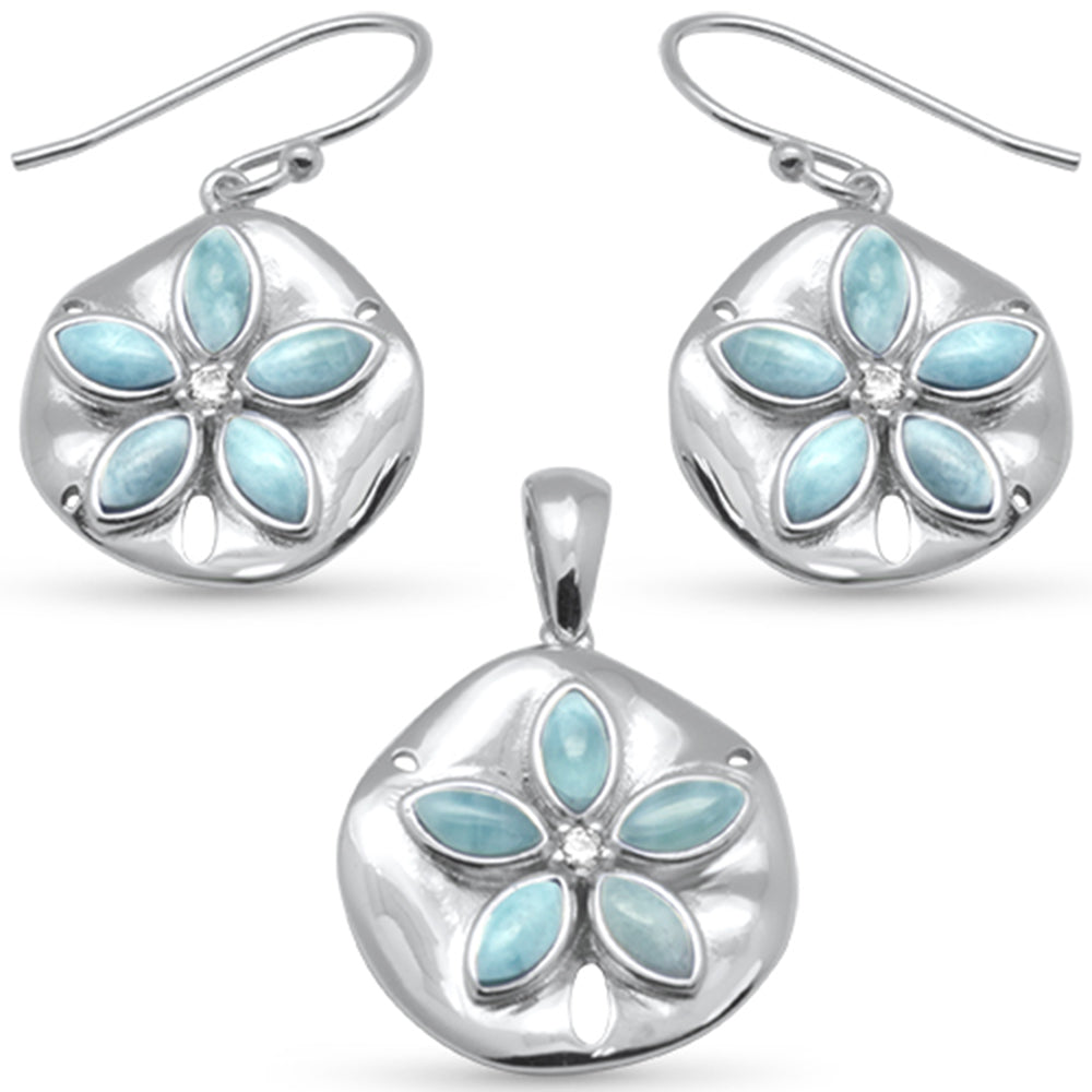 Flower Natural Larimar & CZ .925 Sterling Silver Earring & Pendant Set ABC Rugs Kilims