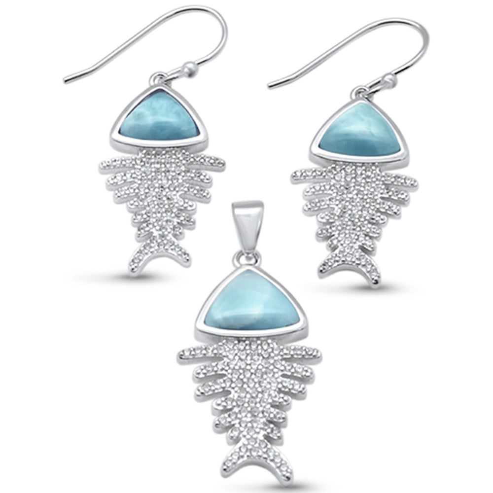 Nartural Larimar & CZ Fishbone .925 Sterling Silver Pendant & Earring Set ABC Rugs Kilims