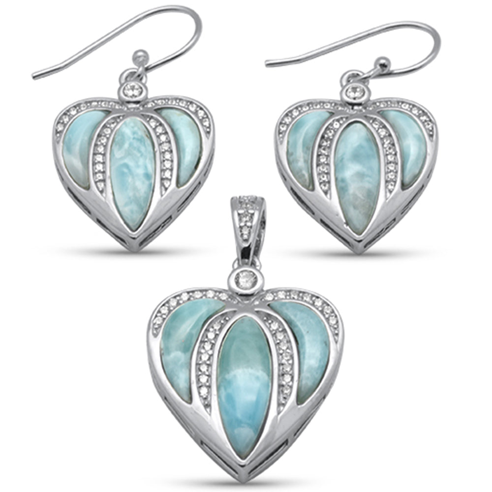 Heart Shaped Natural Larimar & CZ .925 Sterling Silver Earring & Pendant Set ABC Rugs Kilims