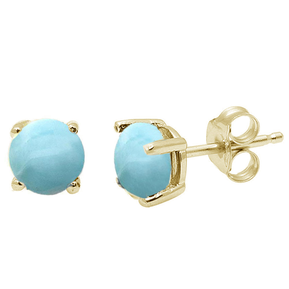 Yellow Gold Plated Round Natural Larimar Stud .925 Sterling Silver Earrings ABC Rugs Kilims