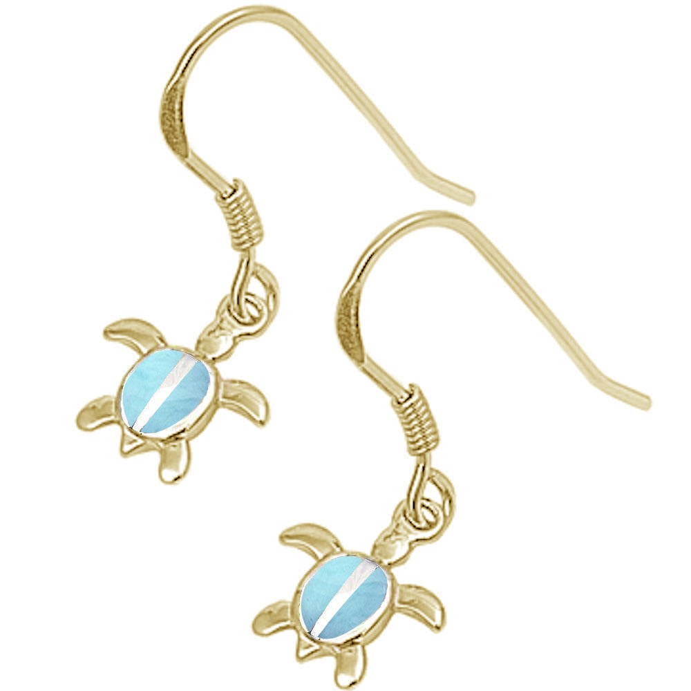 Yellow Gold Plated Natural Larimar Turtle .925 Sterling Silver Earrings ABC Rugs Kilims