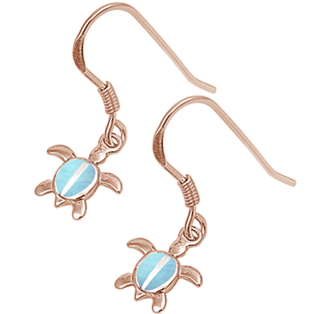 Rose Gold Plated Natural Larimar Turtle .925 Sterling Silver Earrings ABC Rugs Kilims