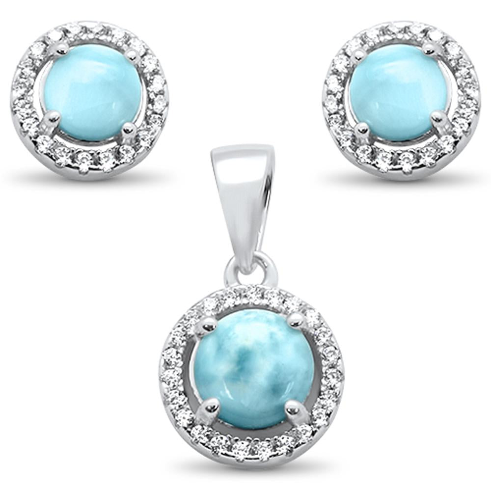 Natural Halo Larimar & Cubic Zirconia Earring & Pendant .925 Sterling Silver Set ABC Rugs Kilims