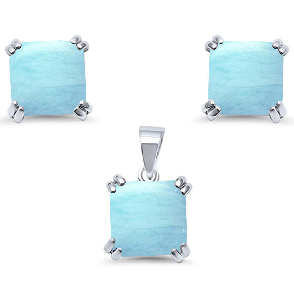 Natural Larimar Cushion Cut  .925 Sterling Silver Earring & Pendant Set ABC Rugs Kilims