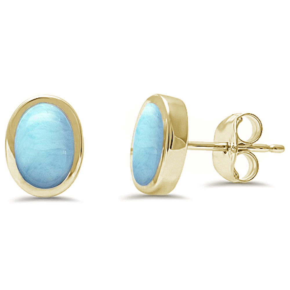 Yellow Gold Plated Oval Shape Natural Larimar .925 Sterling Silver Earrings ABC Rugs Kilims