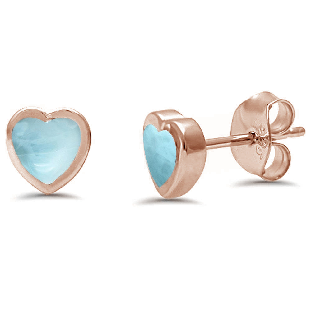 Rose Gold Plated Heart Shape Natural Larimar Stud .925 Sterling Silver Earrings ABC Rugs Kilims