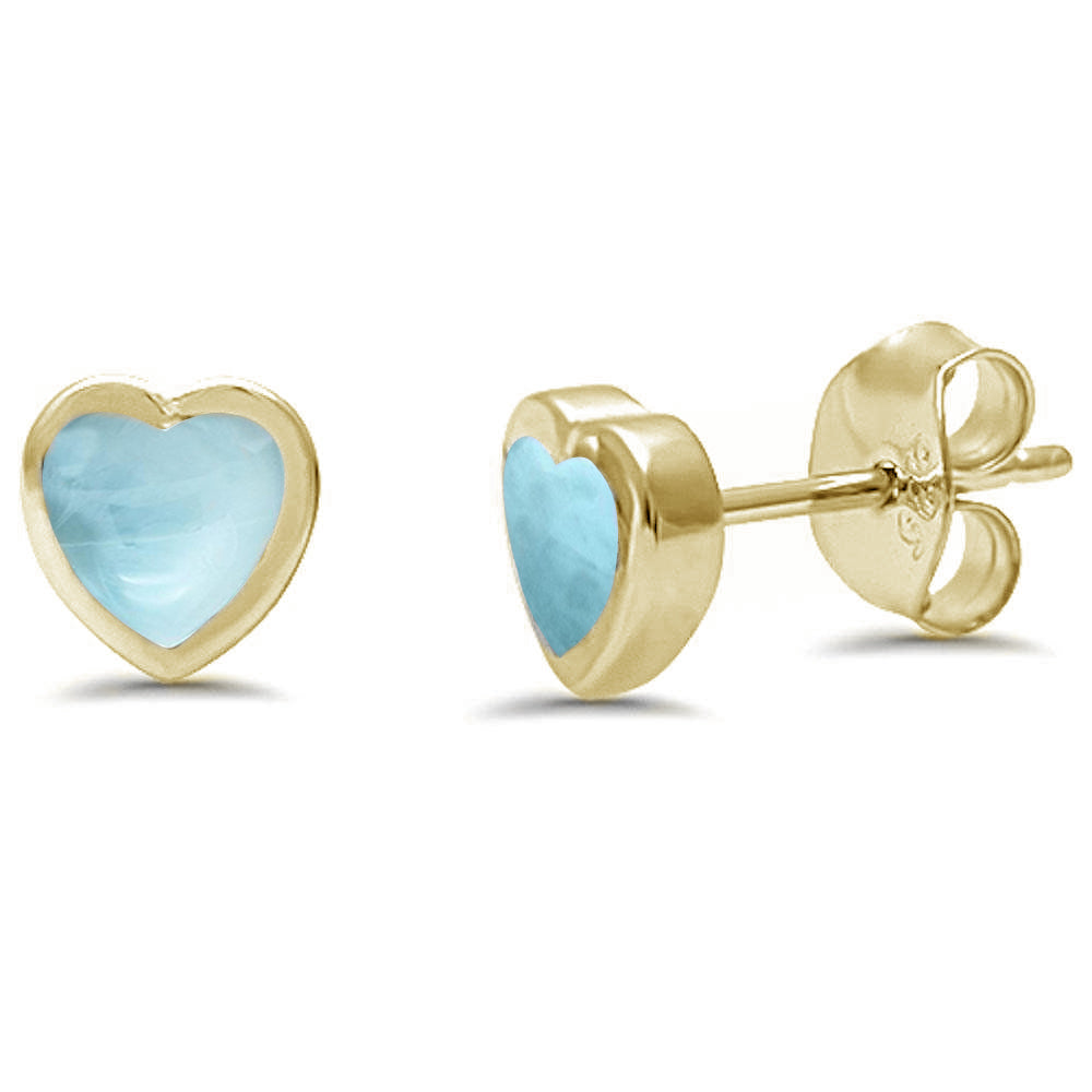 Yellow Gold Plated Heart shape Natural Larimar Stud .925 Sterling Silver Earrings ABC Rugs Kilims