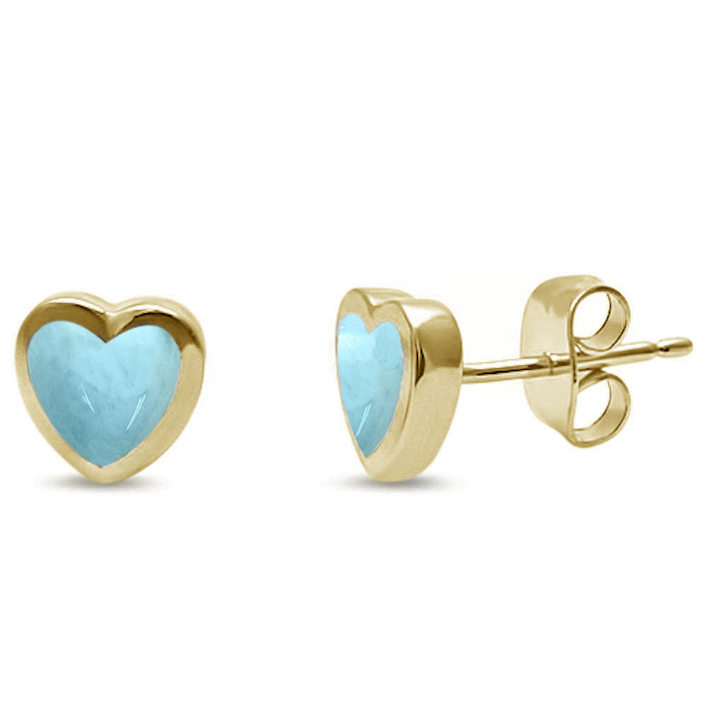 Yellow Gold Plated Natural Larimar Heart Shape Stud .925 Sterling Silver Earrings ABC Rugs Kilims