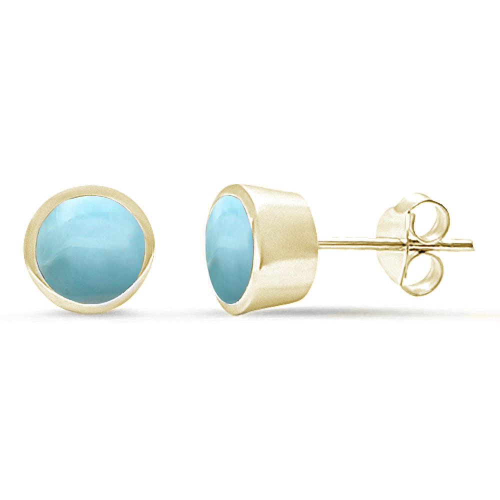 Yellow Gold Plated Natural Larimar Bezel Stud .925 Sterling Silver Earrings ABC Rugs Kilims