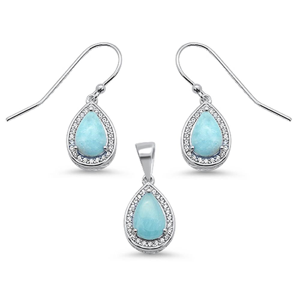 Pear Shape Natural Larimar & Cz Earring & Pendant .925 Sterling Silver Set ABC Rugs Kilims