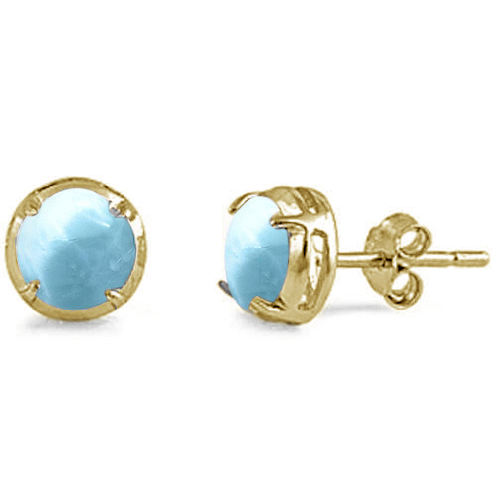 Yellow Gold Plated Round Shape Natural Larimar Stud .925 Sterling Silver Earrings ABC Rugs Kilims