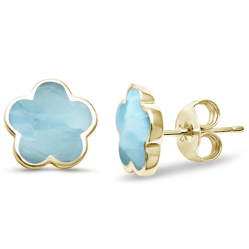 Yellow Gold Plated Natural Larimar Flower .925 Sterling Silver Earrings ABC Rugs Kilims