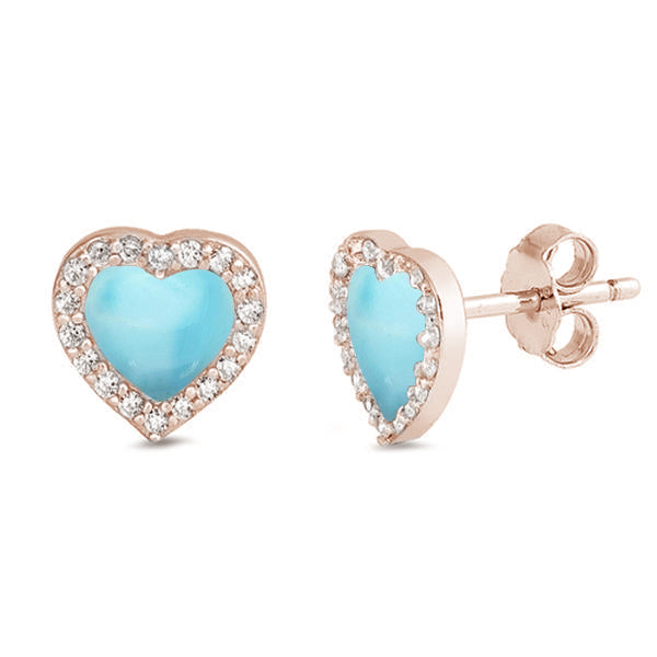 Rose Gold Plated Natural Larimar & Cz Heart Stud .925 Sterling Silver Earrings ABC Rugs Kilims