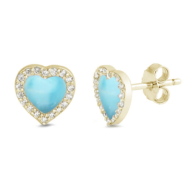 Yellow Gold Plated Natural Larimar & Cz Heart Stud .925 Sterling Silver Earrings ABC Rugs Kilims