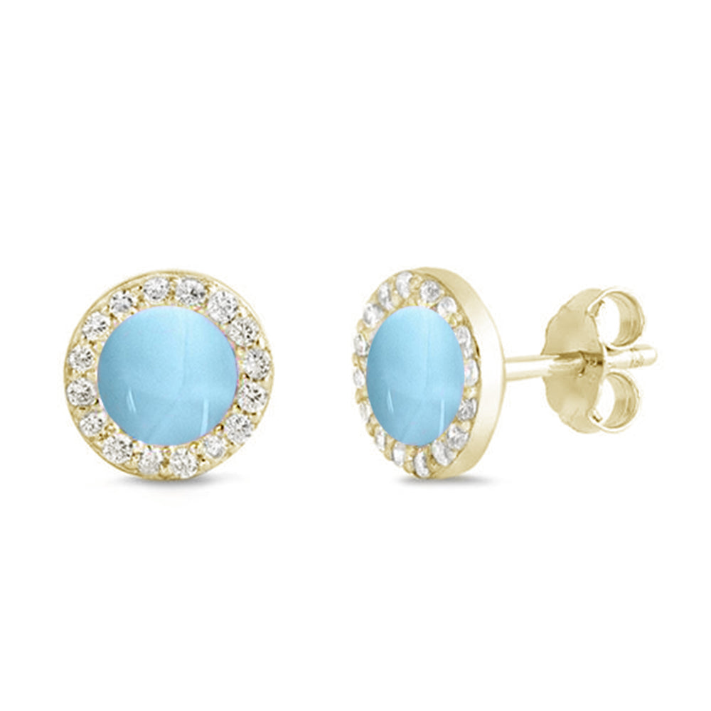 Yellow Gold Plated Natural Larimar & Cz Stud Halo .925 Sterling Silver Earrings ABC Rugs Kilims