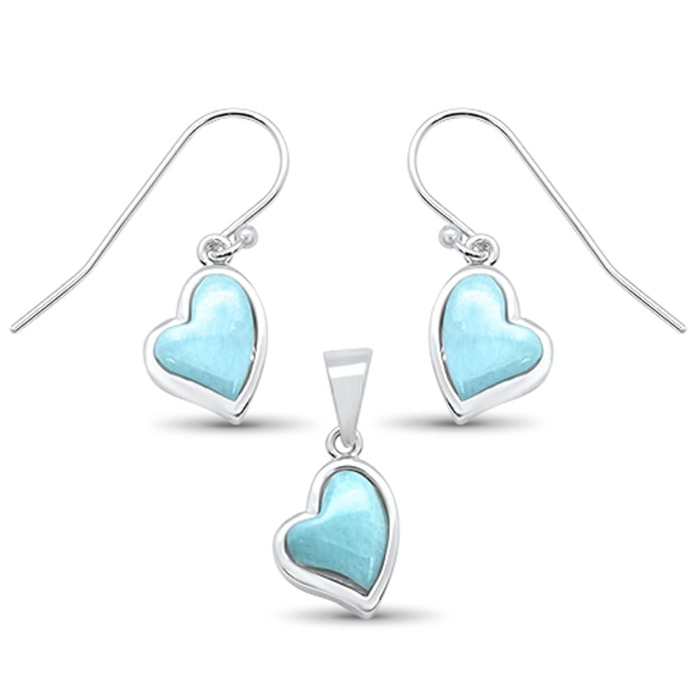 Natural Larimar Heart Shape Dangle Earring & Pendant .925 Sterling Silver Set ABC Rugs Kilims