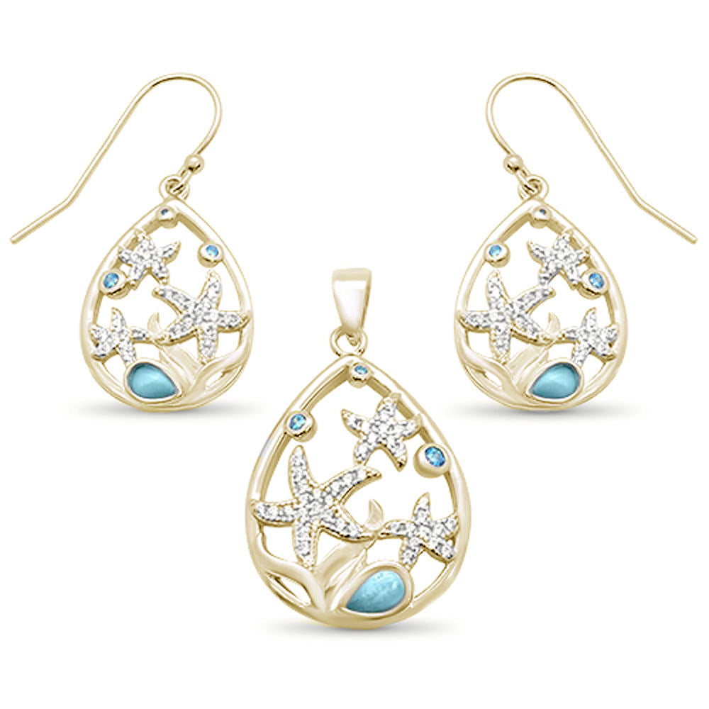 Yellow Gold Plated Natural Larimar & Aquamarine Star Cz Drop Pendant & Earring .925 Sterling Silver Set ABC Rugs Kilims