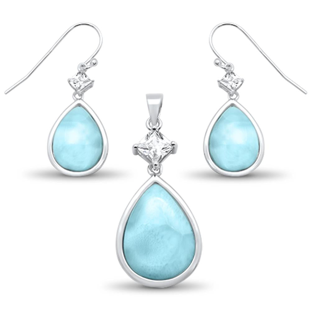 Natural Larimar & Cz Pear Shape Dangle Earring & Pendant .925 Sterling Silver Set ABC Rugs Kilims