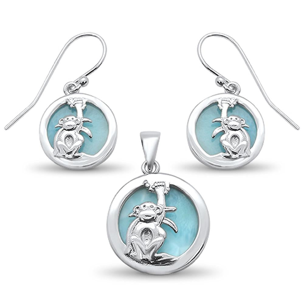 Natural Round Larimar with Monkey Design Earring & Pendant .925 Sterling Silver Set ABC Rugs Kilims