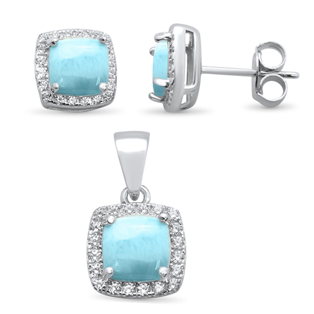 Cushion Cut Larimar & Cubic Zirconia .925 Sterling Silver Pendant & Earring Set ABC Rugs Kilims