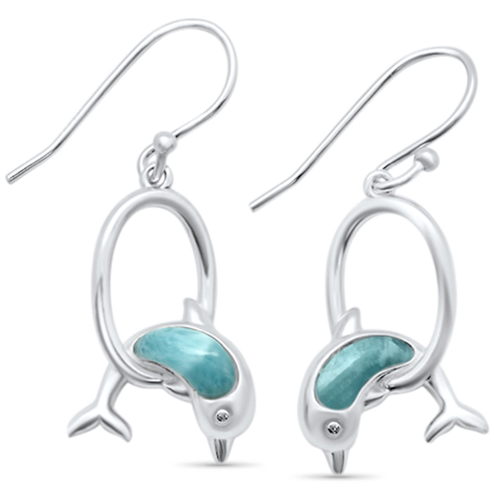 Natural Larimar Dolphins Jumping Hoops .925 Sterling Silver Drop Dangle Earrings ABC Rugs Kilims