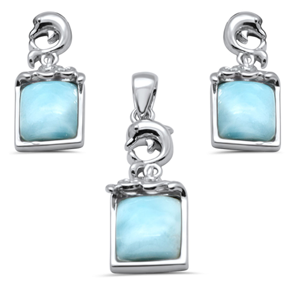 Radiant Cut Natural Larimar Dolphin .925 Sterling Silver Pendant & Earrings Set ABC Rugs Kilims