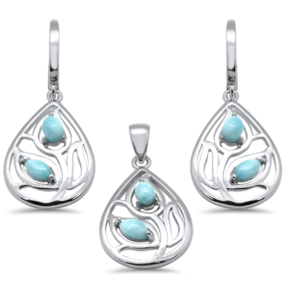 Pear Shape Natural Larimar Leaf Design .925 Sterling Silver Pendant & Earrings Set ABC Rugs Kilims