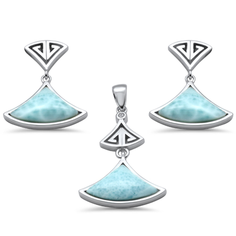 Natural Larimar & CZ Greek Design .925 Sterling Silver Pendant & Earrings Set ABC Rugs Kilims