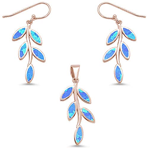 Blue Opal Rose Gold Leaf Design Dangling Earring & Pendant .925 Sterling Silver Set ABC Rugs Kilims