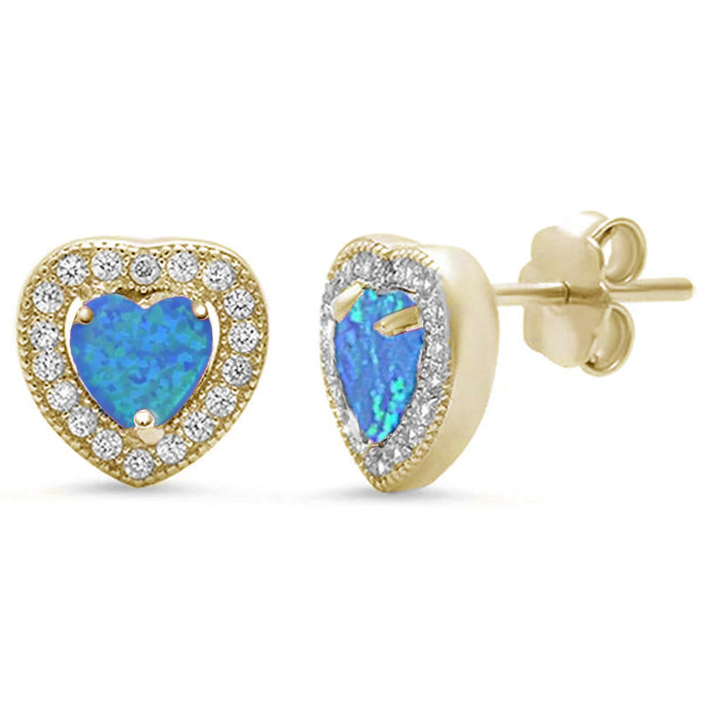 Yellow Gold Plated Blue Opal & Pave Cz Heart .925 Sterling Silver Earrings ABC Rugs Kilims