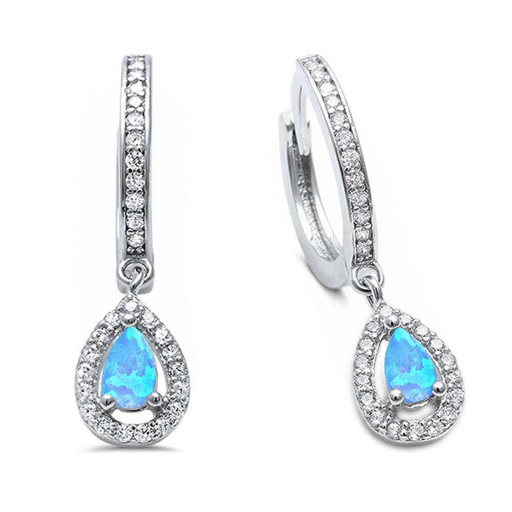 Blue Opal & Cubic Zirconia Hoop Dangle  .925 Sterling Silver Earrings ABC Rugs Kilims