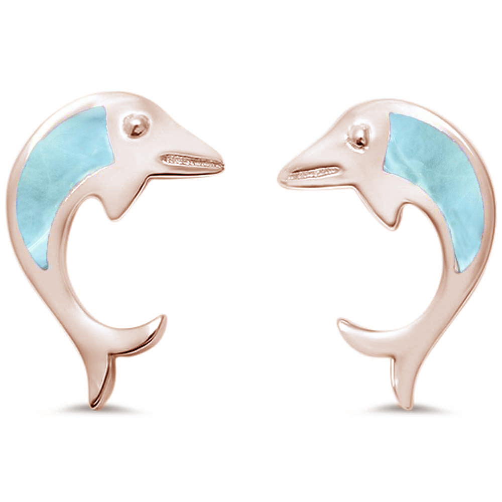 Rose Gold Plated Natural Larimar Dolphin .925 Sterling Silver Earrings ABC Rugs Kilims