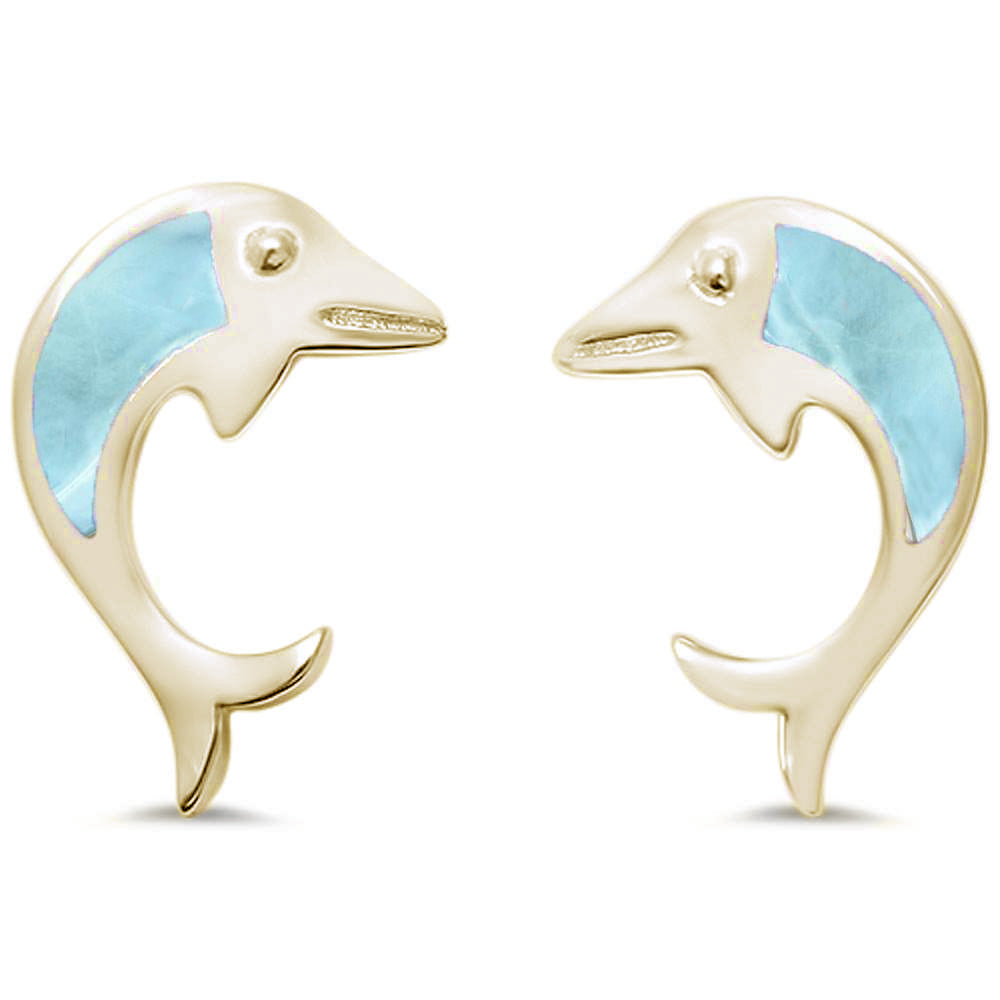 Yellow Gold Plated Natural Larimar Dolphin .925 Sterling Silver Earrings ABC Rugs Kilims