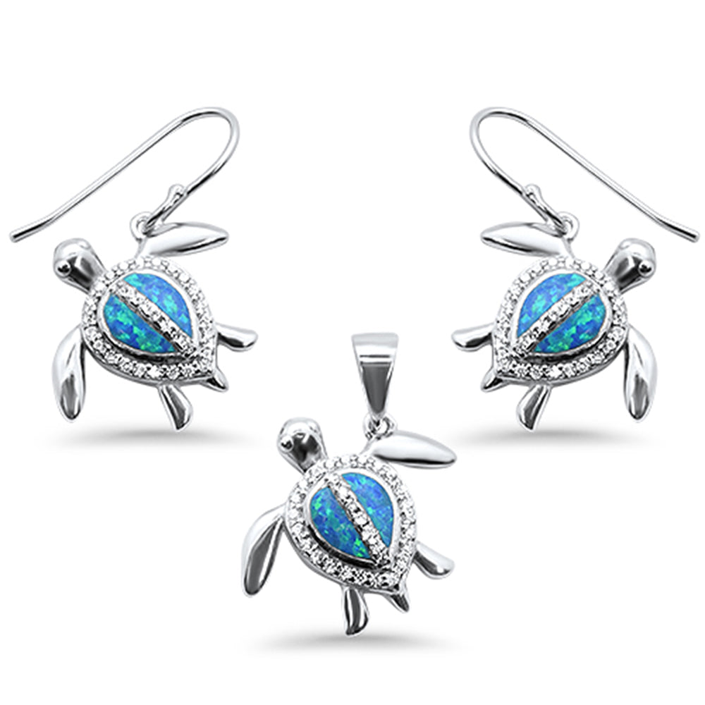 Blue Opal & Cubic Zirconia Turtle .925 Sterling Silver Pendant & Earring Set ABC Rugs Kilims