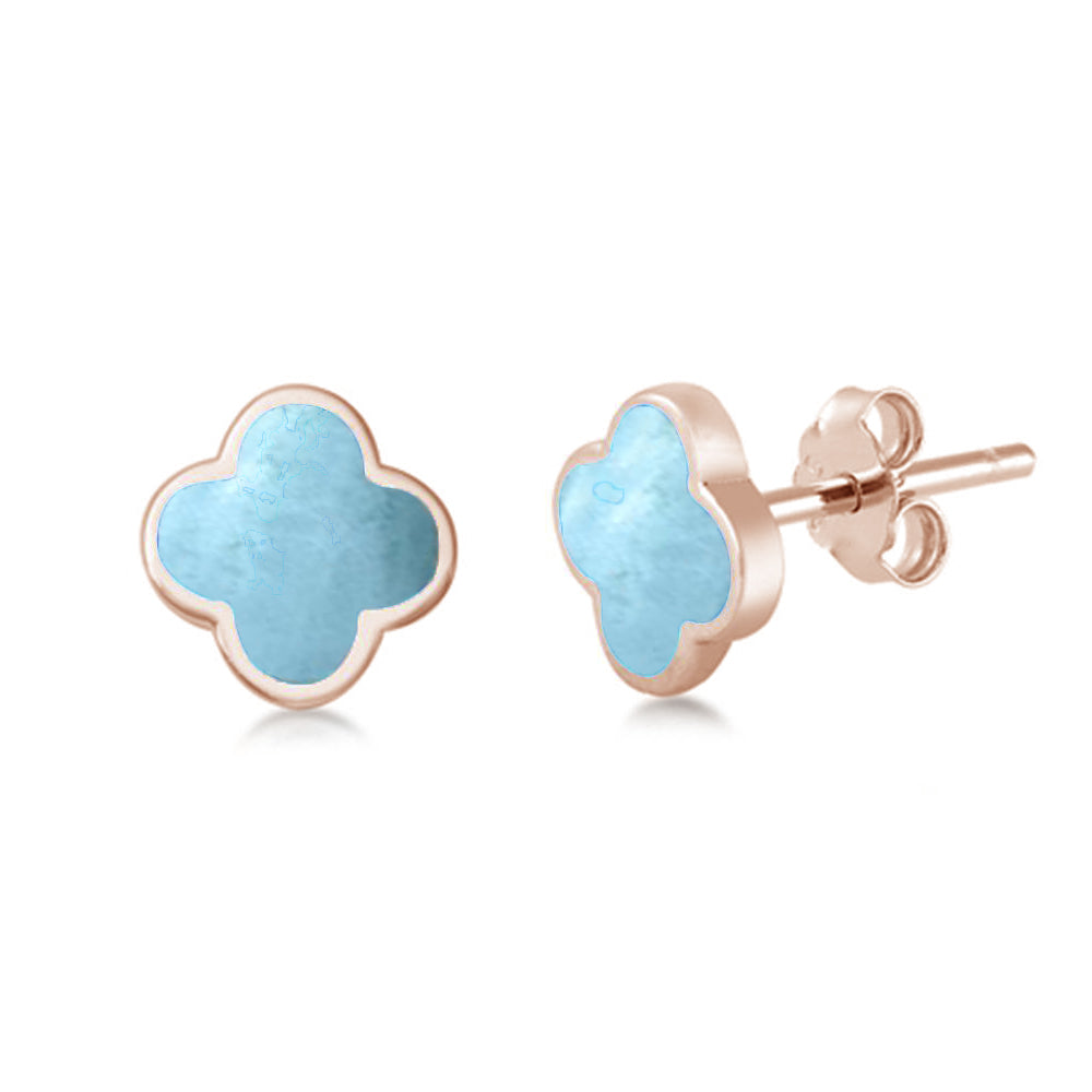 Rose Gold Plated Larimar Clover Flower .925 Sterling Silver Earrings ABC Rugs Kilims