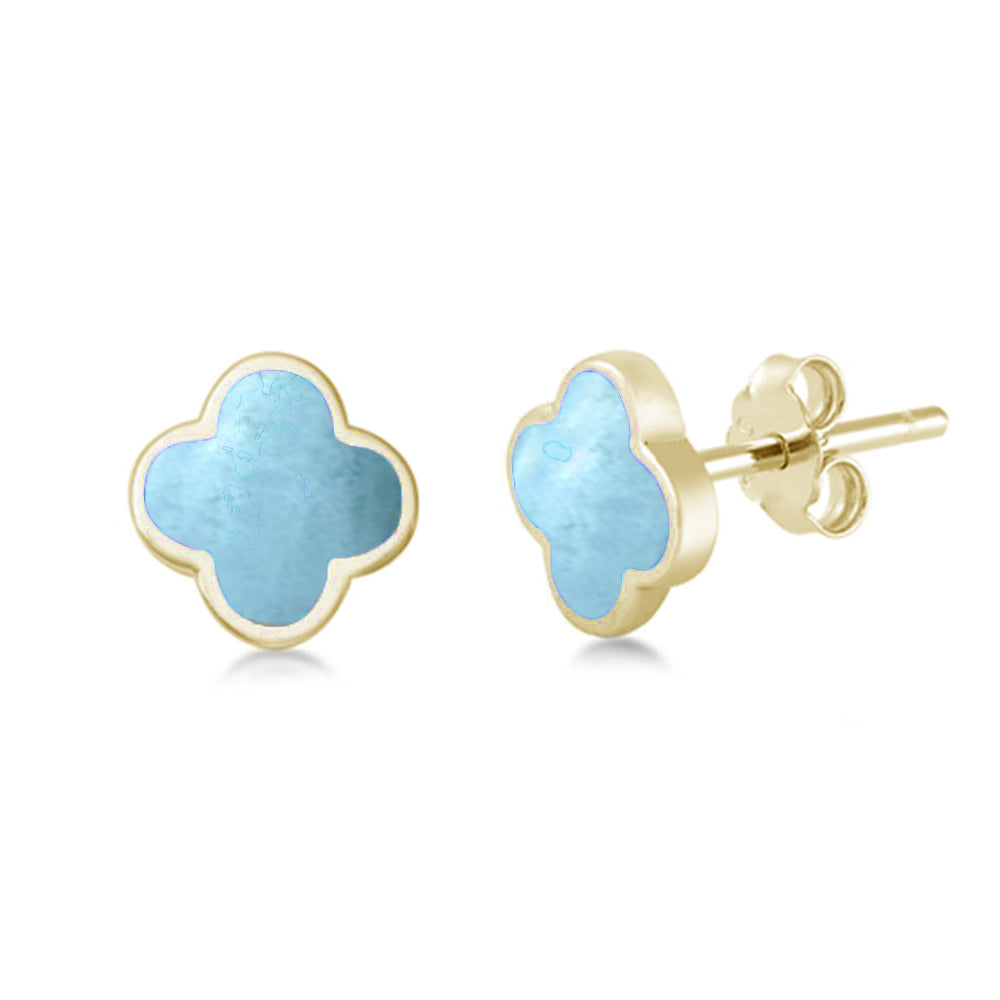 Yellow Gold Plated Larimar Clover Flower .925 Sterling Silver Earrings ABC Rugs Kilims