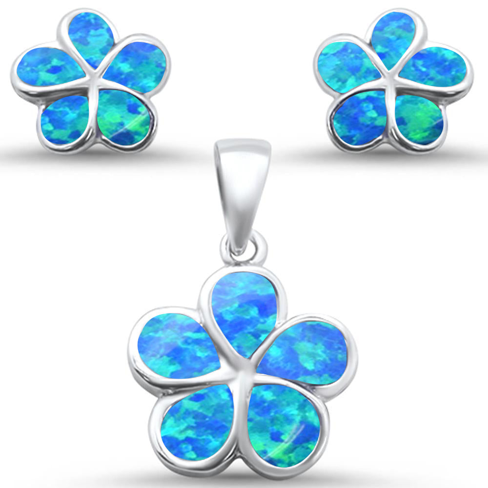 Blue Opal Plumeria Flower .925 Sterling Silver Earring & Pendant Set ABC Rugs Kilims