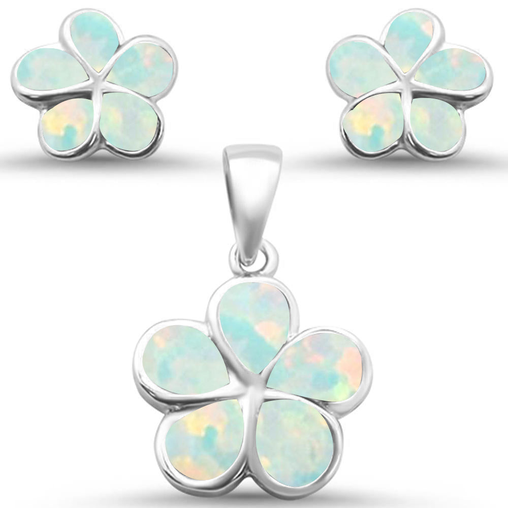 White Opal Plumeria Flower .925 Sterling Silver Earrings & Pendant Set ABC Rugs Kilims