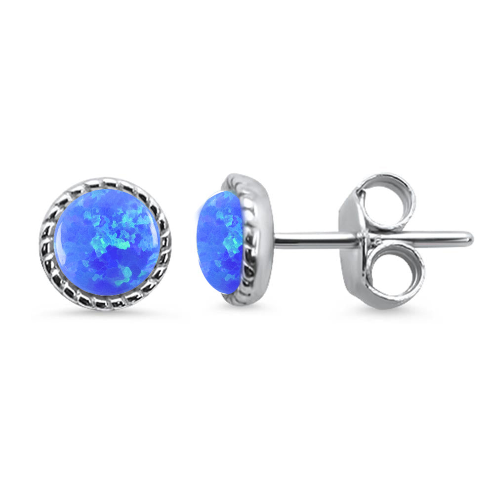 Round Braided Milgrain Blue Opal .925 Sterling Silver Stud Earrings ABC Rugs Kilims