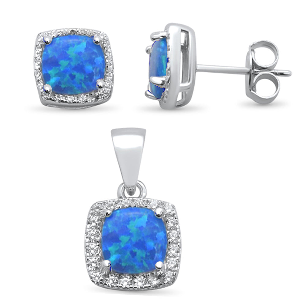 Cushion Cut Blue Opal & Cubic Zirconia .925 Sterling Silver Pendant & Earring Set ABC Rugs Kilims