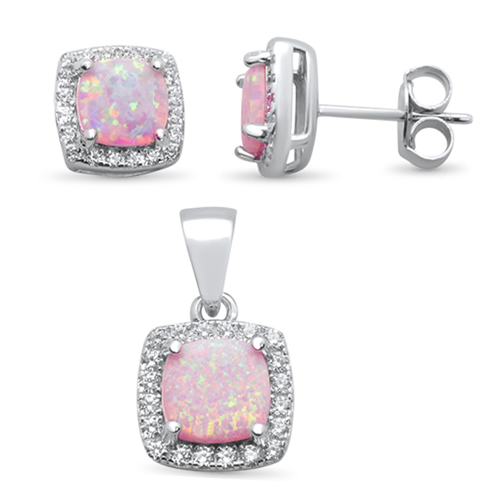 Cushion Cut Pink Opal & Cubic Zirconia .925 Sterling Silver Pendant & Earring Set ABC Rugs Kilims